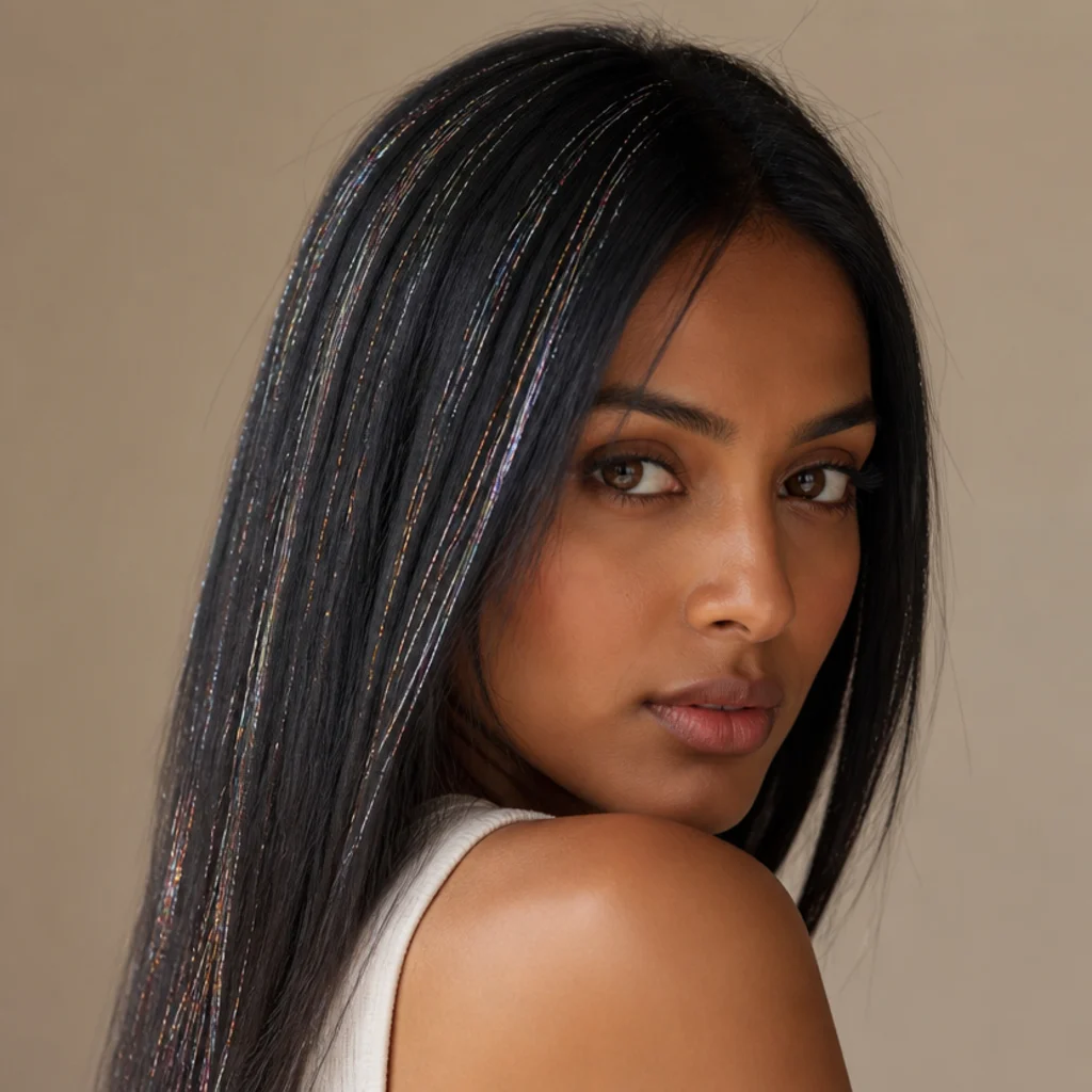 Three-quarter view of straight jet black hair with iridescent silver tinsel strands standing out against the dark base