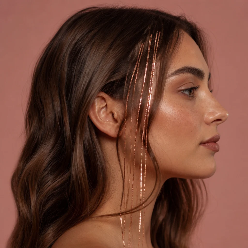 Side profile of a woman with medium brown hair and rose gold tinsel strands placed along the front hairline framing the face