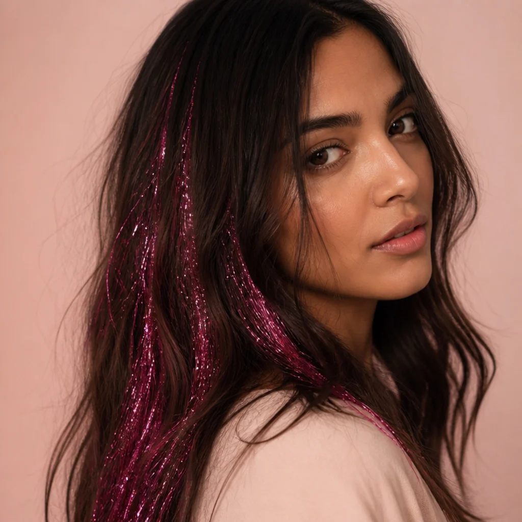 Three-quarter view of dark hair with vivid hot pink tinsel strands clustered through the lengths against a soft blush background