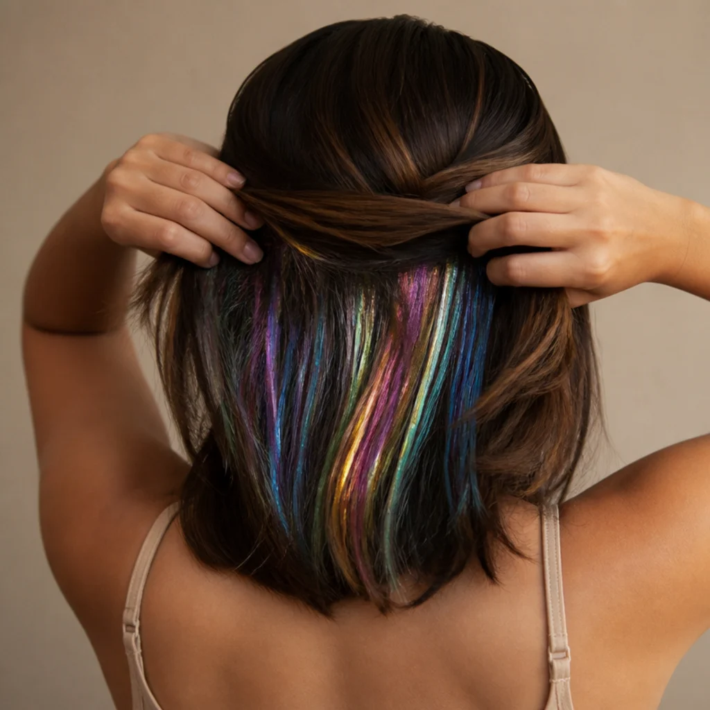 Back view of brown hair lifted to reveal a hidden underlayer of holographic rainbow tinsel in a peekaboo placement