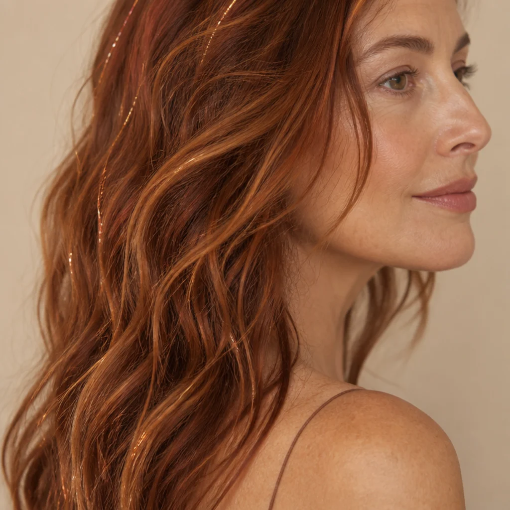Side view of wavy auburn hair with warm copper tinsel strands blended through to amplify the red tones