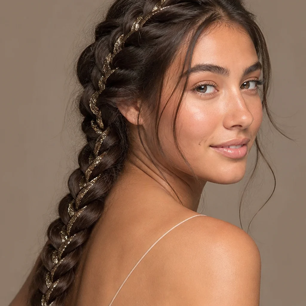 Three-quarter view of a loose fishtail braid with fine gold tinsel woven through each section catching the light