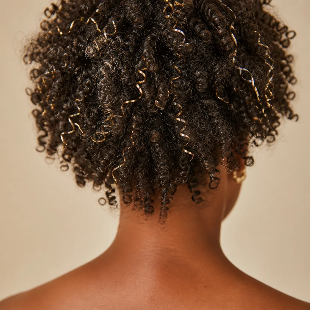 Back view of natural curly coils with gold tinsel strands placed at the crown forming a soft halo of shine