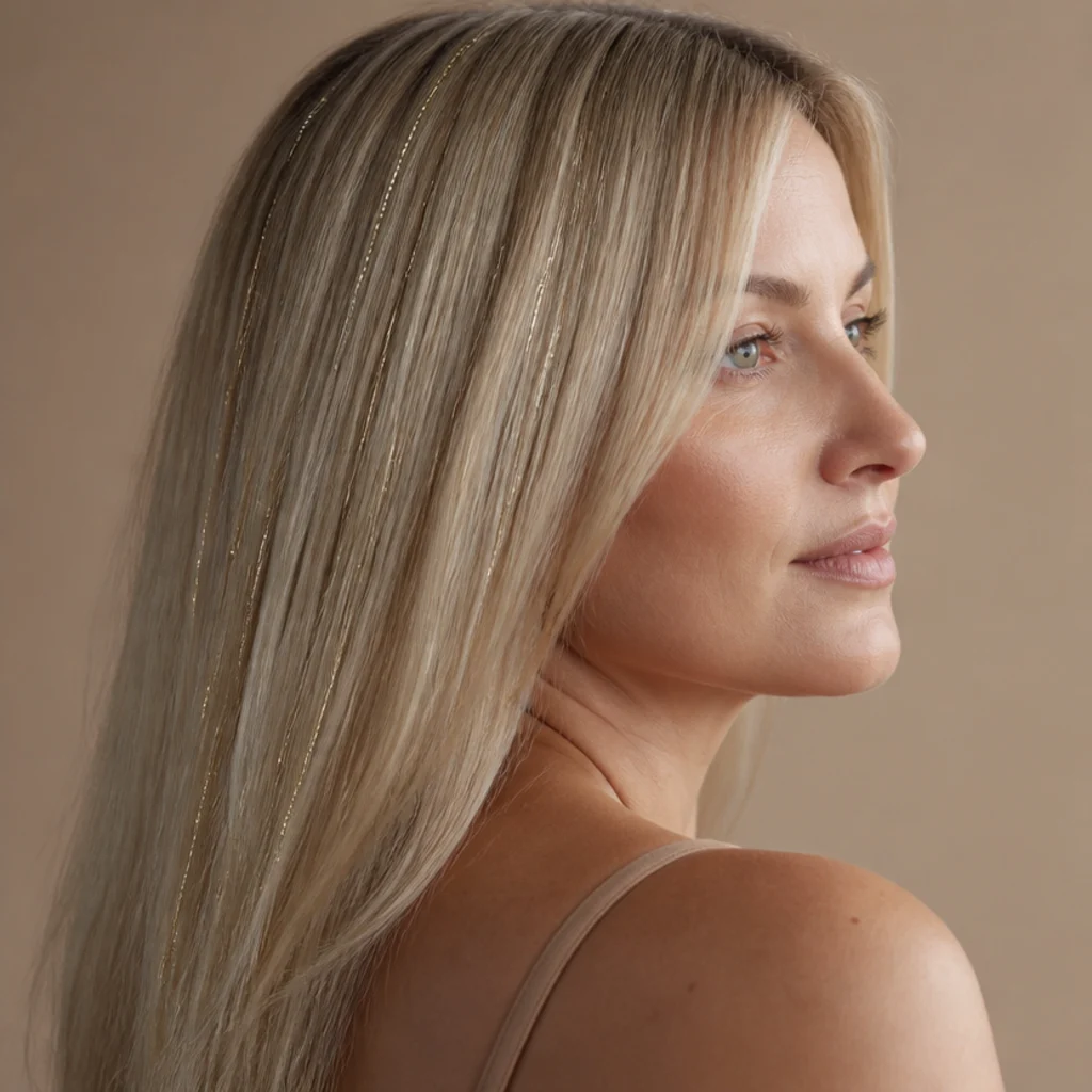 Side profile of straight ash blonde hair with cool champagne tinsel strands blended through the lengths