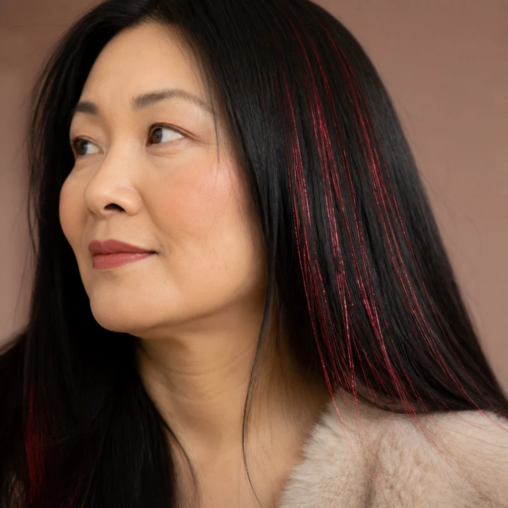 Three-quarter view of jet black straight hair with deep ruby red tinsel strands clustered through the mid-lengths