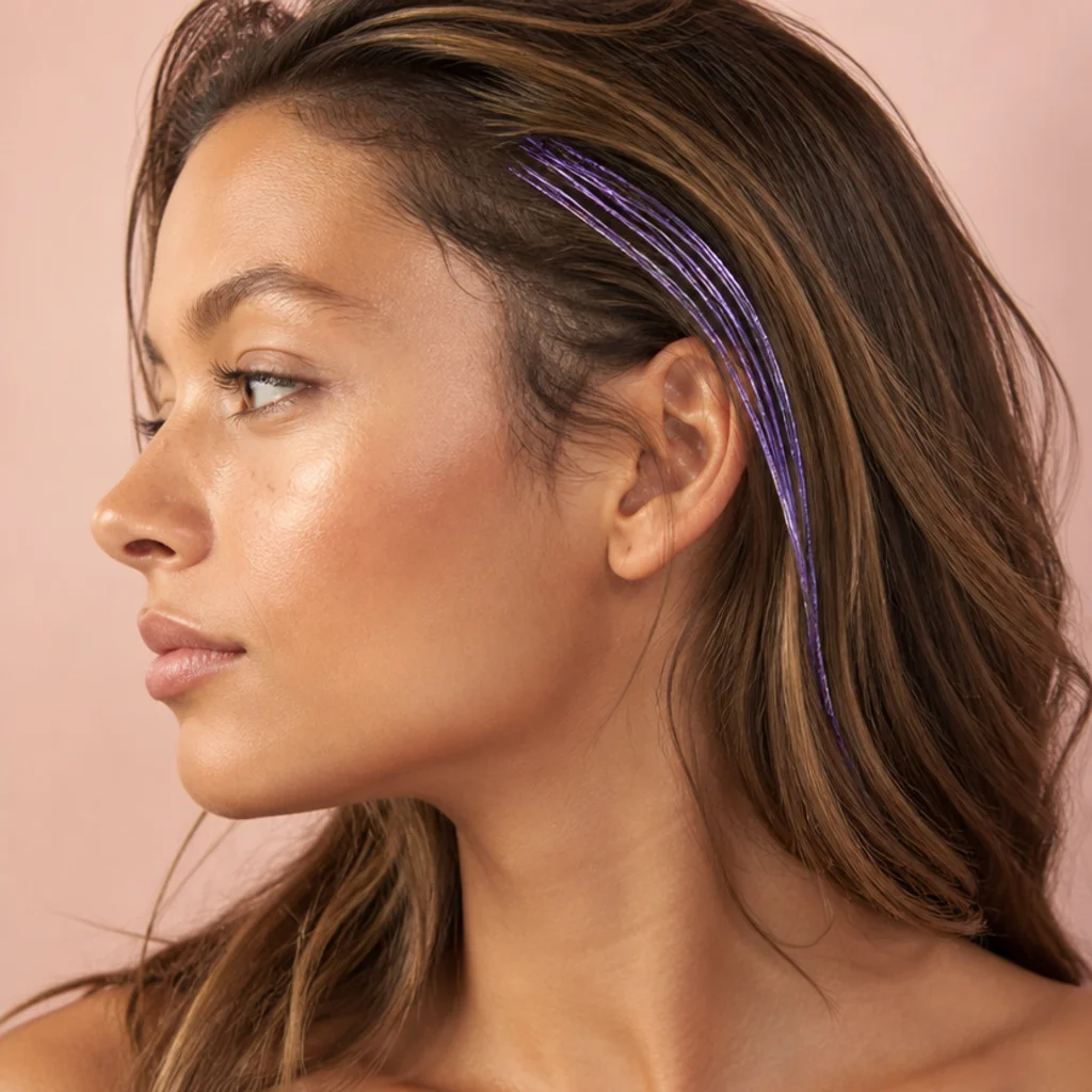 Side view of light brown hair with a small accent of pastel lilac tinsel strands near the temple