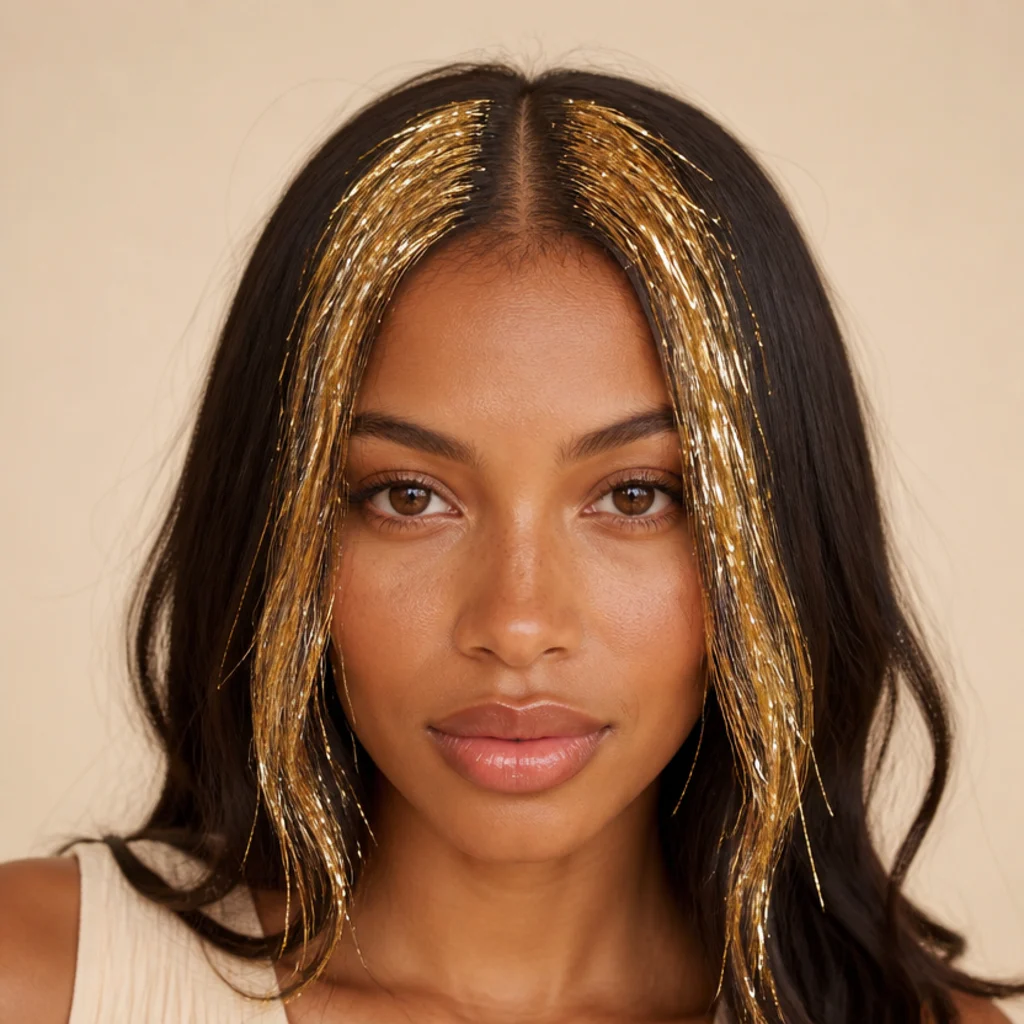 Front-facing view of a center part with bright gold tinsel concentrated on the two front sections framing the face