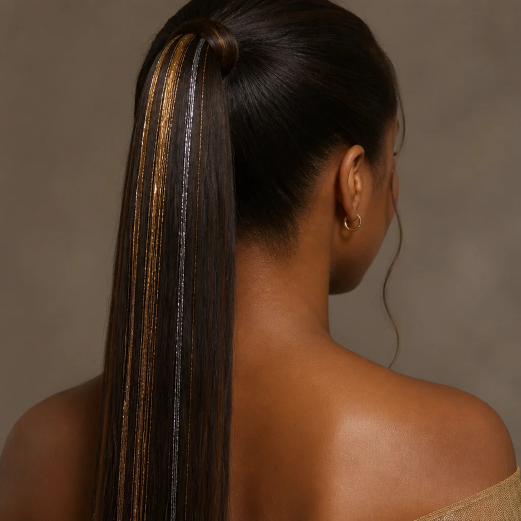 Back view of a high sleek ponytail with gold and silver tinsel strands running the length of the tail