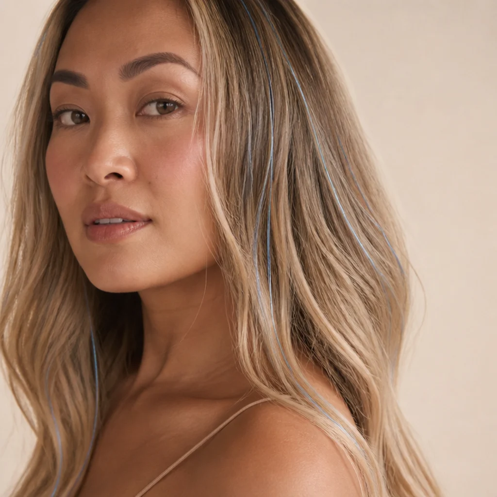 Three-quarter view of blonde balayage hair with soft baby blue tinsel strands scattered through the sun-lightened ends