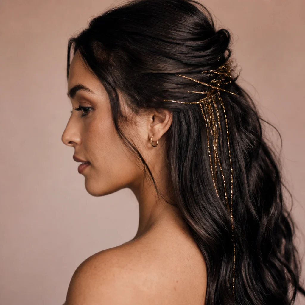 Side view of a half-up style with gold tinsel gathered into the top section and cascading into loose waves below