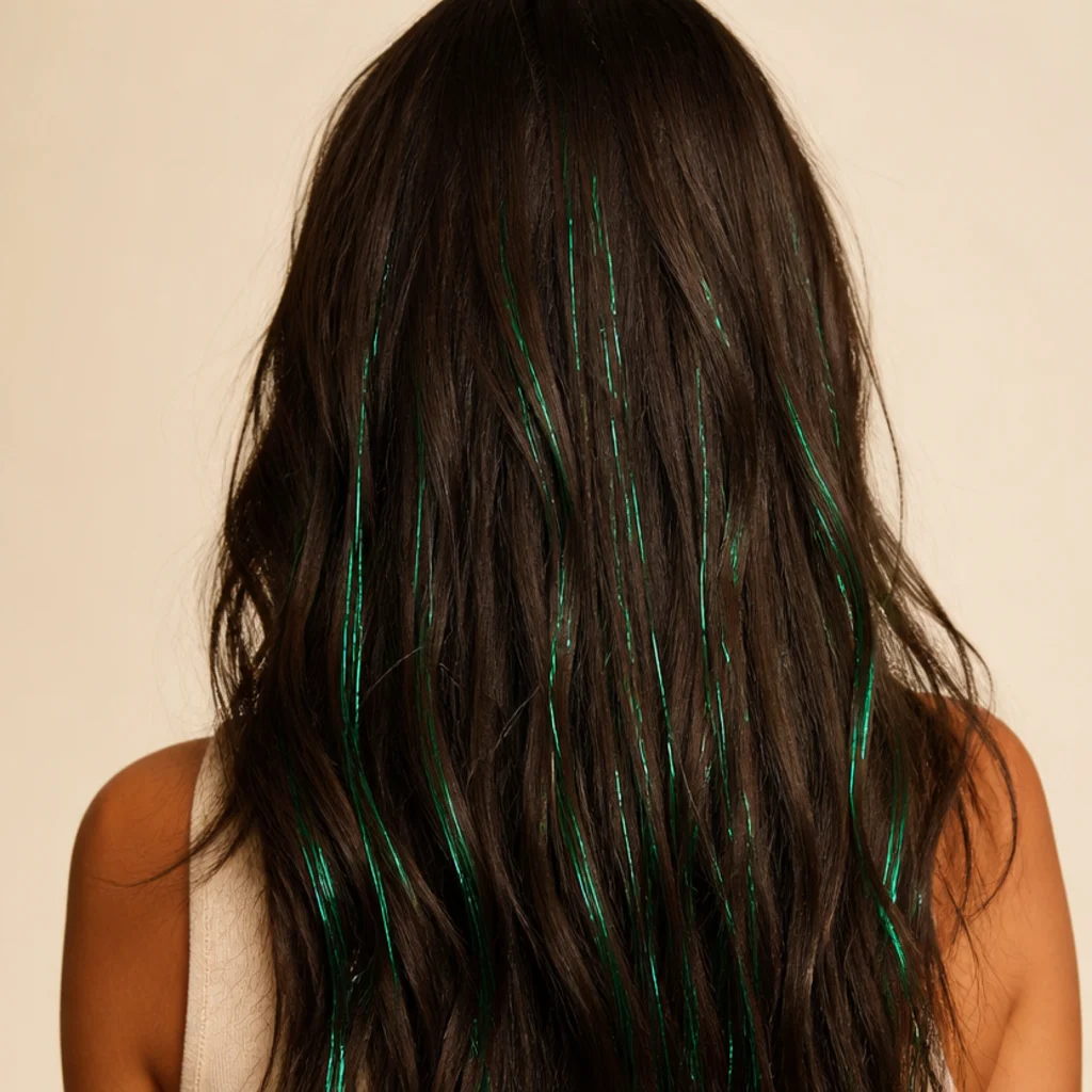 Back view of dark brown hair with vivid emerald green tinsel strands clustered through the lengths against an ivory backdrop