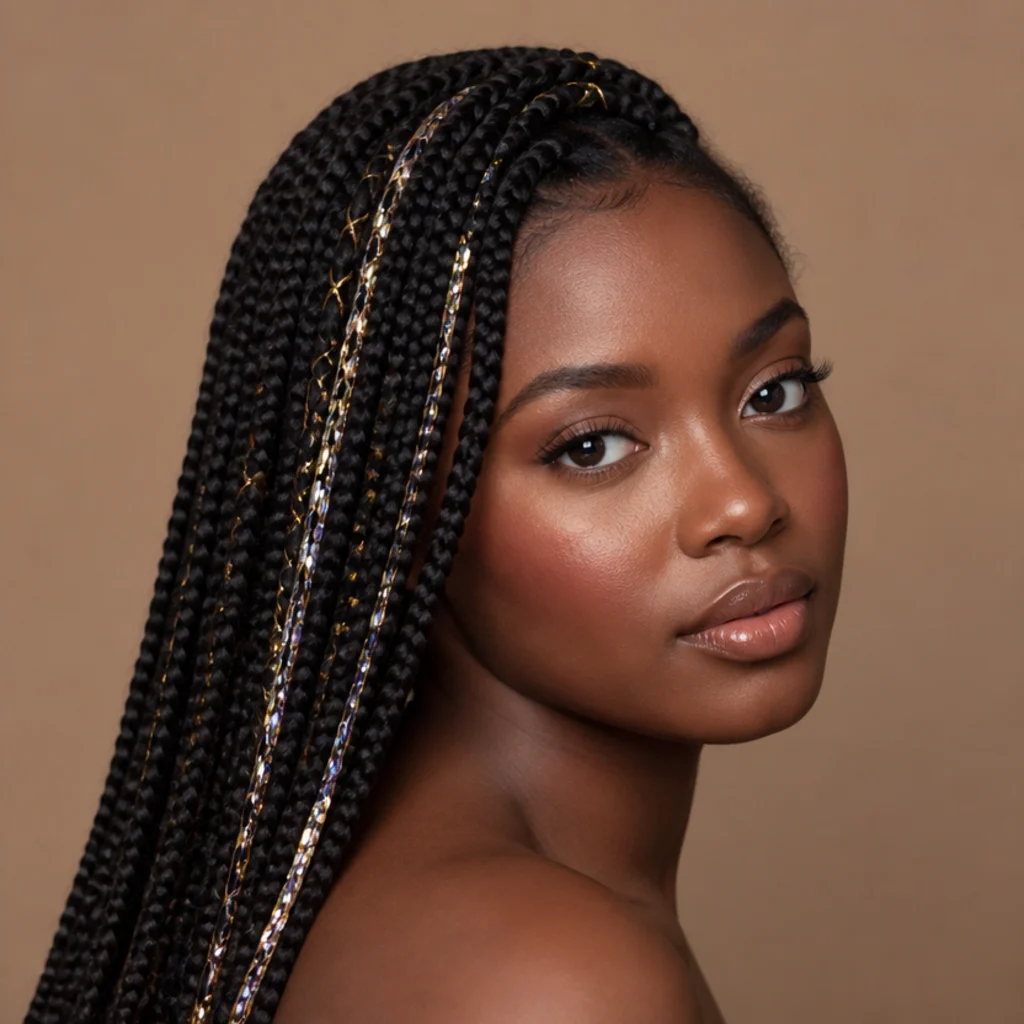 Three-quarter view of long box braids with fine gold tinsel threaded down several individual braids catching the light