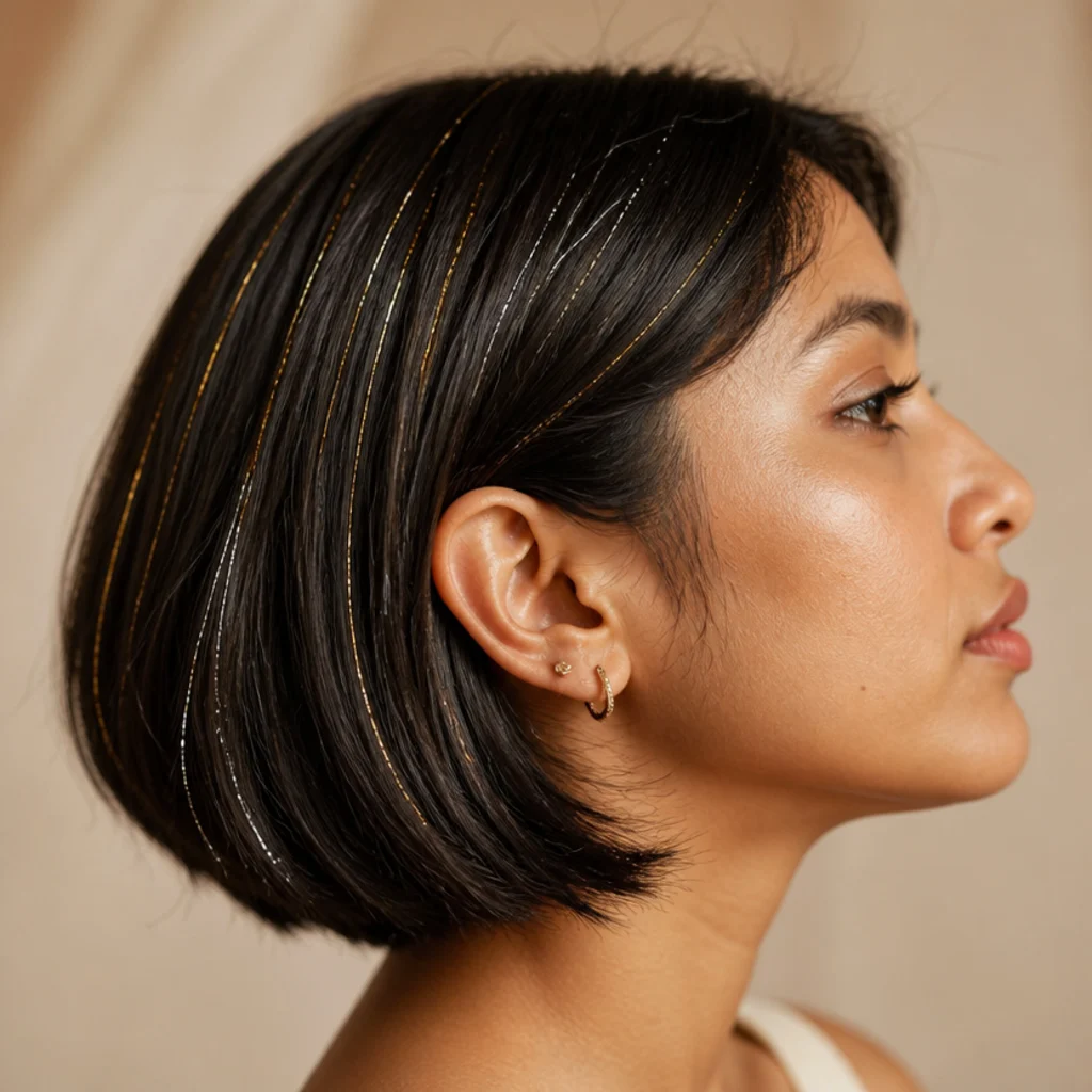 Side profile of a chin-length bob with mixed gold and silver tinsel strands placed through the top layers
