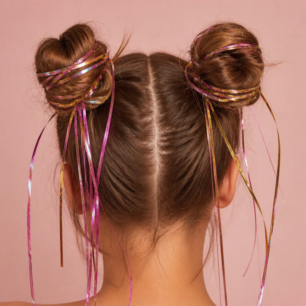 Back view of double space buns in brown hair with colorful tinsel strands wrapped around and trailing from each bun