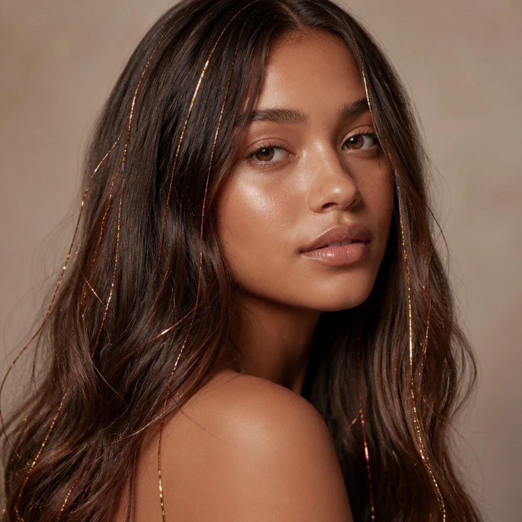 Three-quarter view of a woman with loose waves threaded with fine gold and rose hair tinsel catching soft studio light