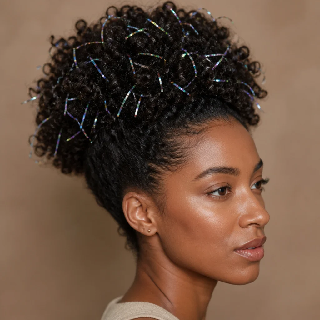 Close crown view of defined dark coils with iridescent silver tinsel strands scattered through the top and crown