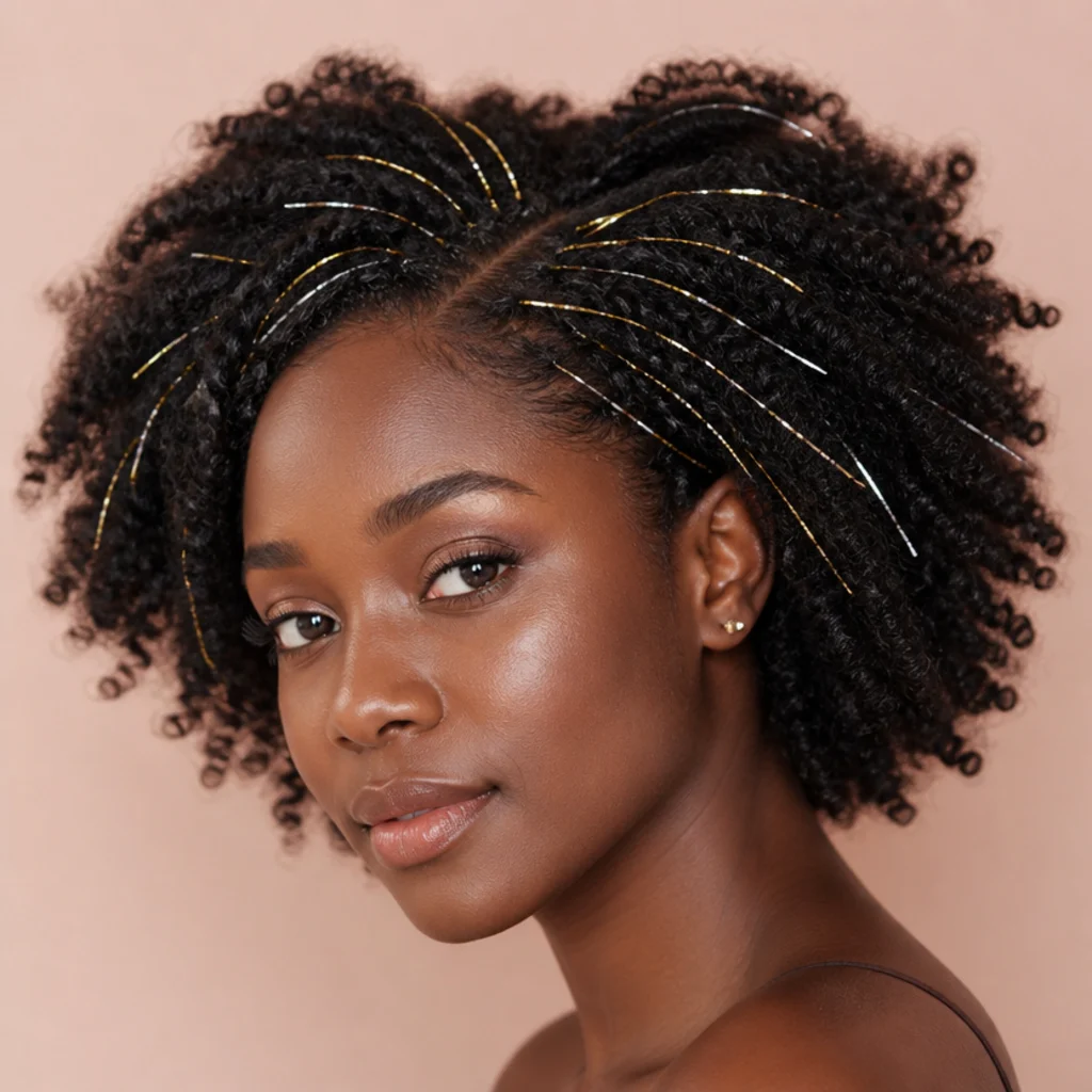 Deep black type 4 coils with bright silver and gold tinsel concentrated near the part for high contrast