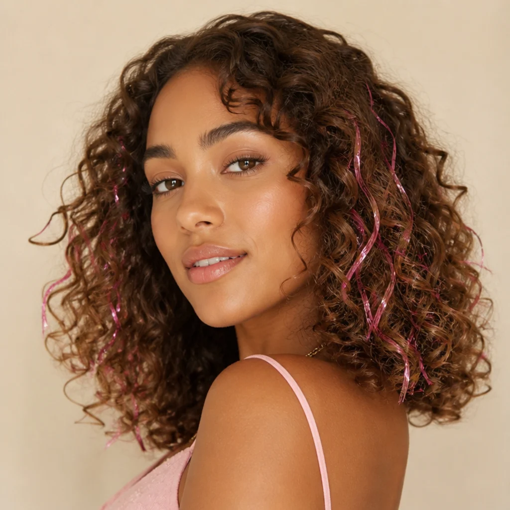 Loose springy ringlets with bubblegum pink tinsel peeking through the mid-lengths and ends