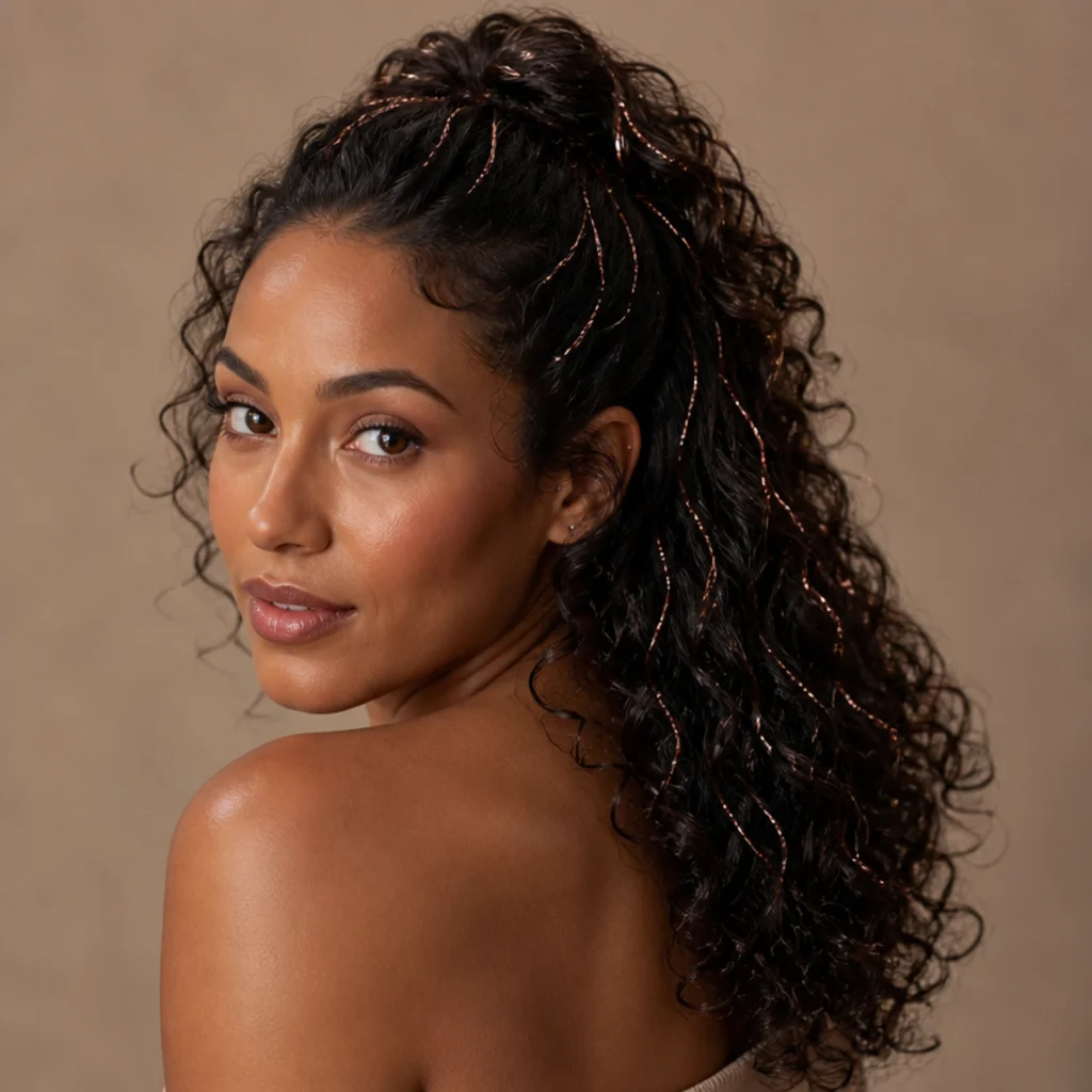 Curly half-up style with rose gold tinsel framing the hairline and spilling curls