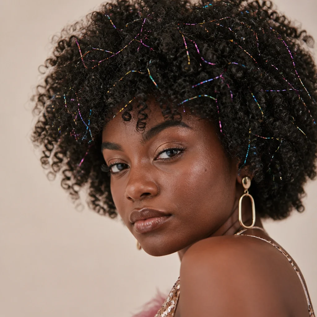 Dense type 4 coils with mixed rainbow tinsel scattered like confetti across the whole head