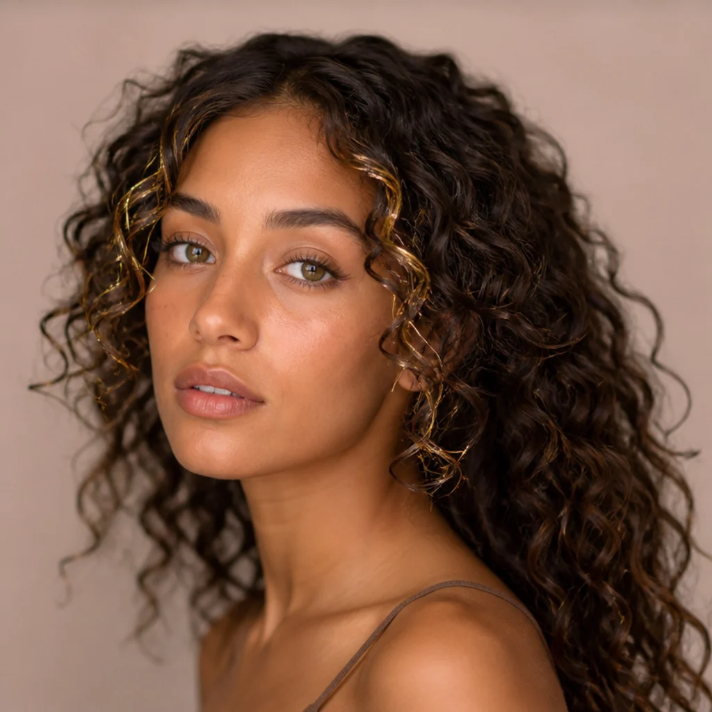 Warm gold tinsel concentrated around the hairline and face-framing curls only