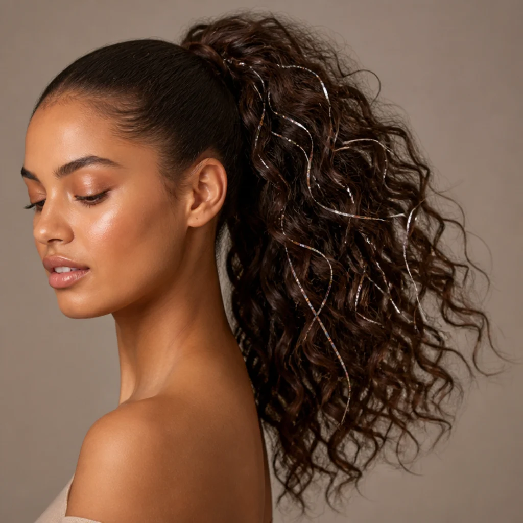 Bouncy curly ponytail with metallic tinsel woven through the gathered length