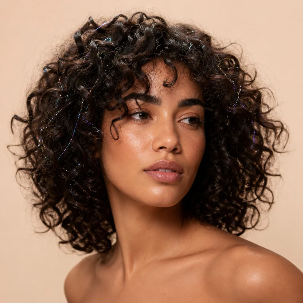 Natural wash-and-go curls with holographic tinsel scattered lightly through the top layers