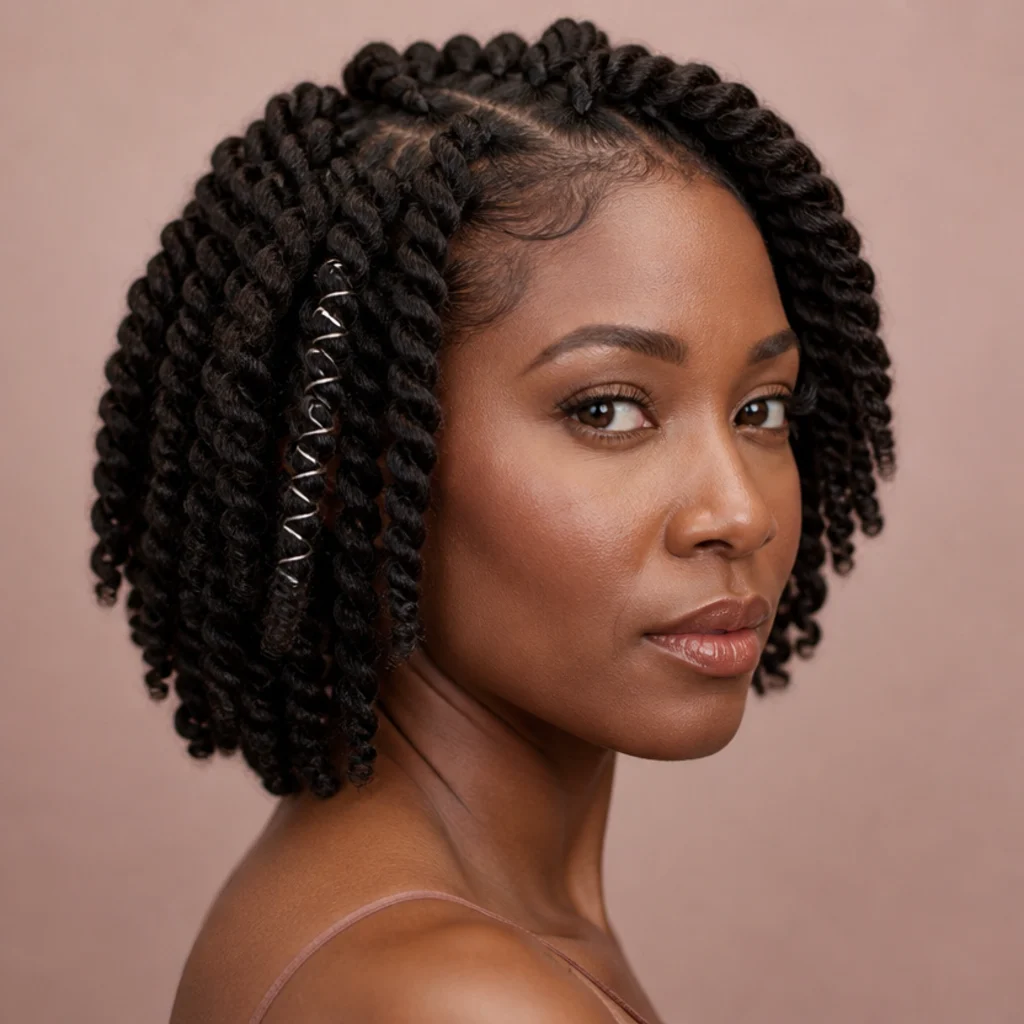 Two-strand twists on coily hair with a single tinsel thread spiraling down select twists