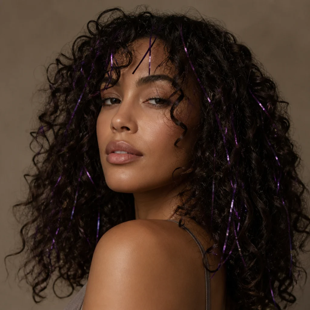 Deep espresso curls with purple tinsel through the mid-lengths flashing violet in the light