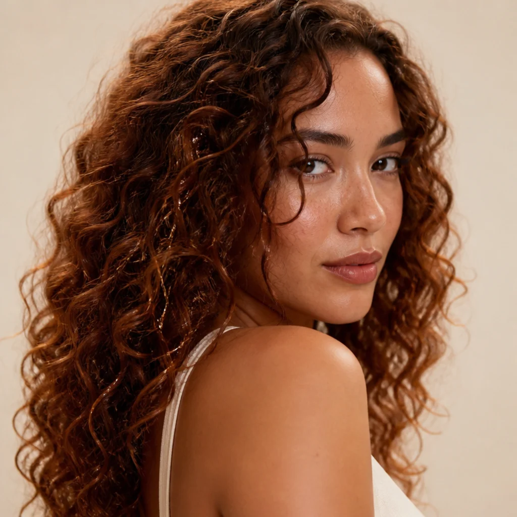 Warm auburn brunette curls with copper tinsel blended through for a natural highlight effect