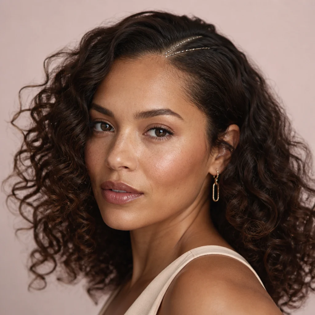 Deep side part on curly hair with a crisp line of tinsel tracing the part