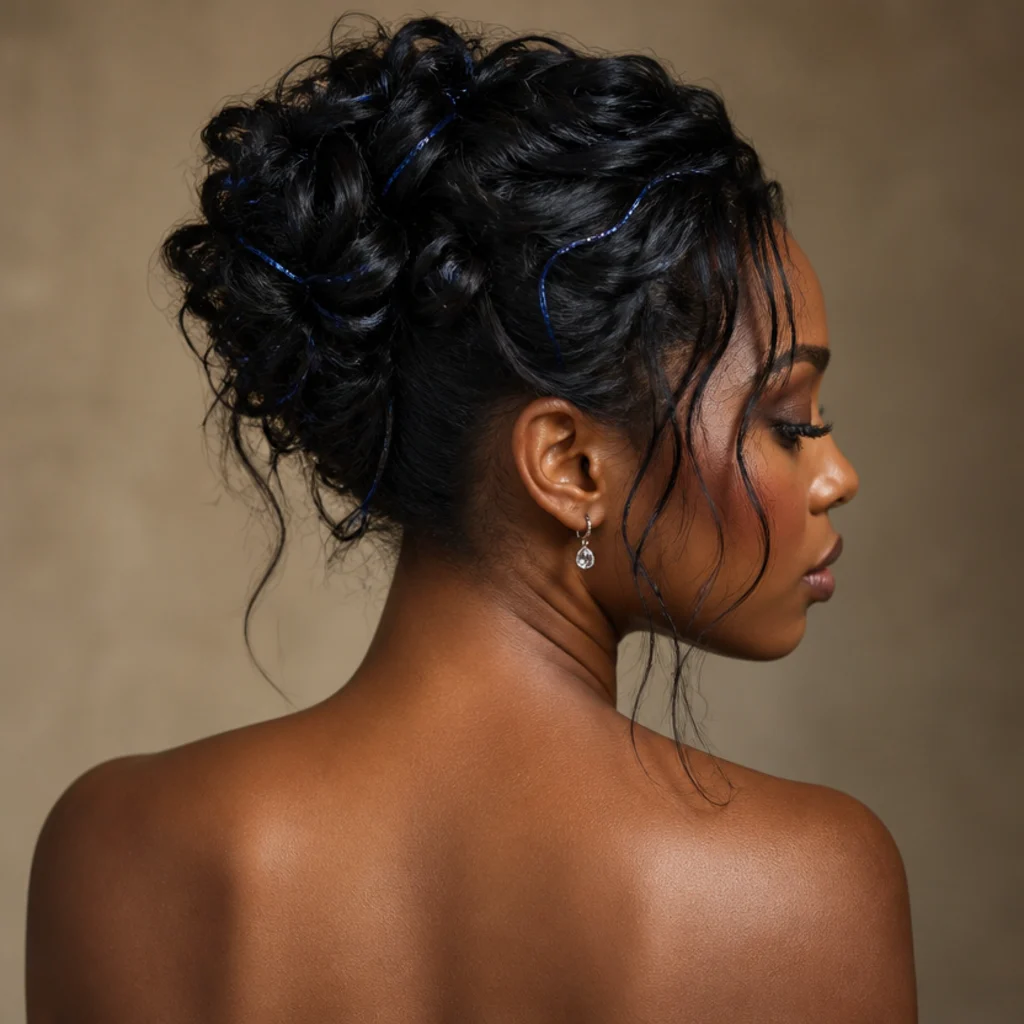 Curly pinned updo with blue tinsel woven through the folds catching cool sparks of light