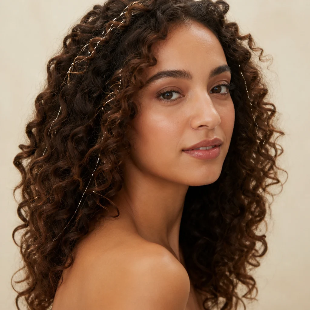 Curly hair with just a handful of soft champagne tinsel strands for a barely-there shimmer