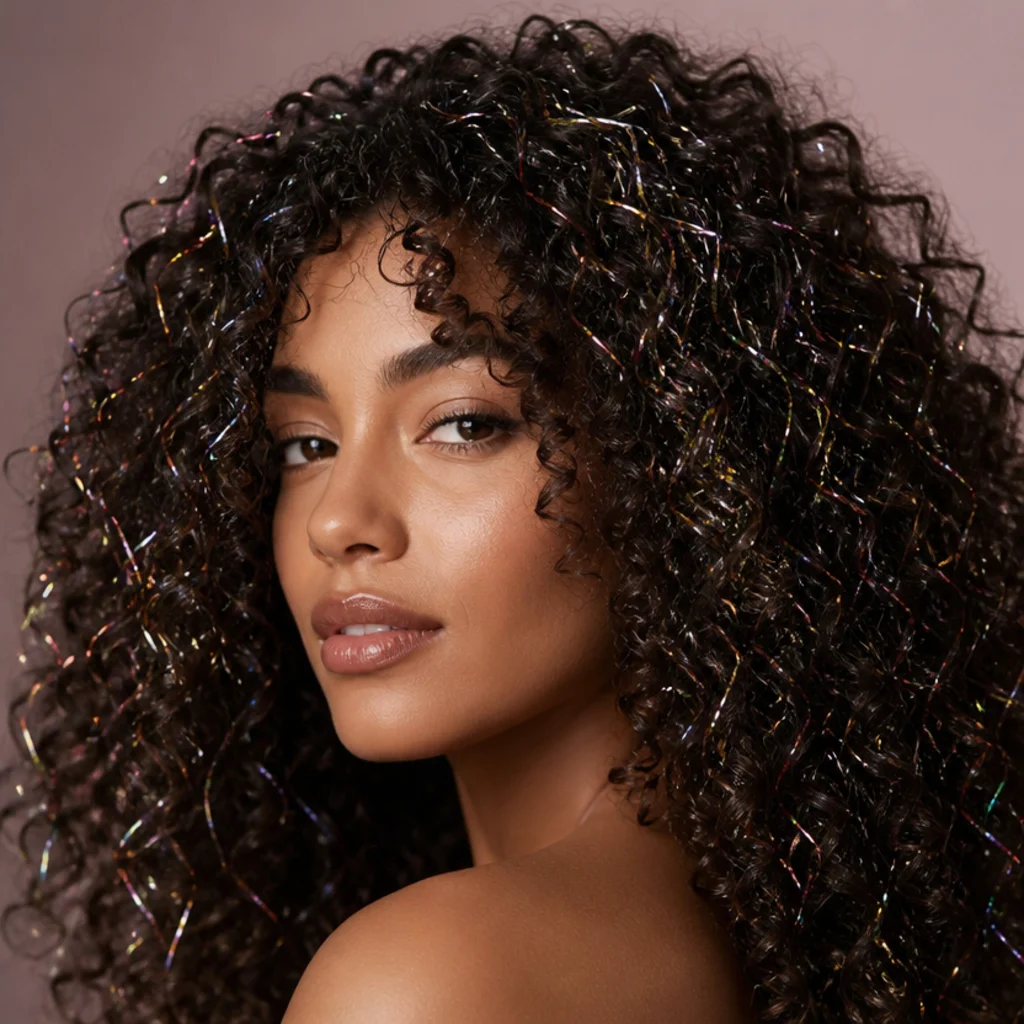 Full head of curls packed densely with mixed metallic and colored tinsel for a festival look