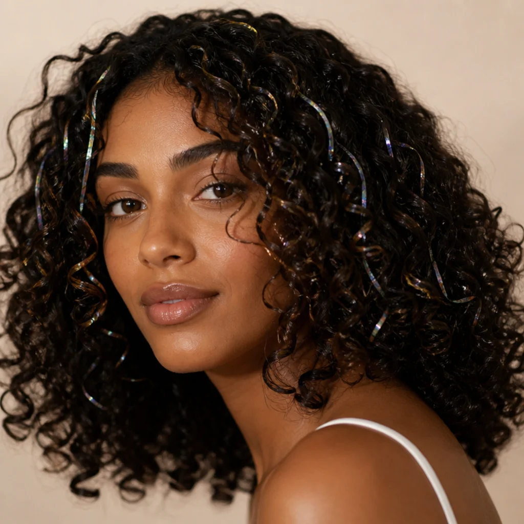 Curly-haired model with iridescent silver hair tinsel woven through coily strands, three-quarter view