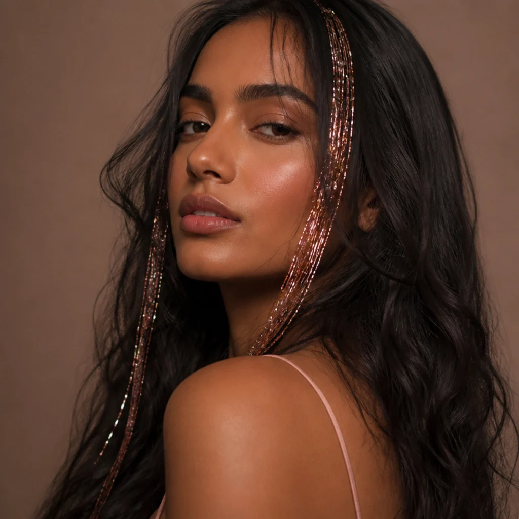 Three-quarter view of soft-black hair with warm rose-gold tinsel woven near the face