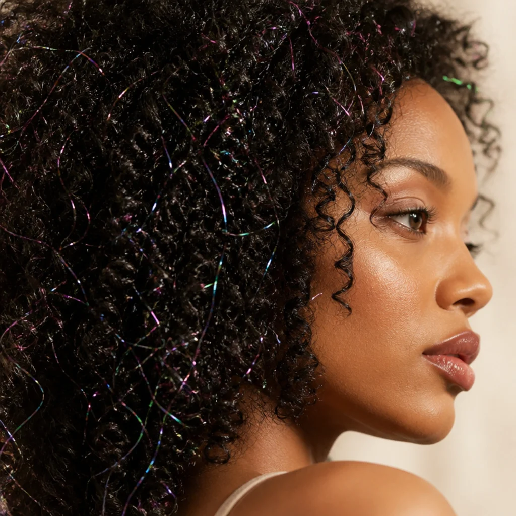 Side view of voluminous black curls threaded with iridescent tinsel that shifts pink and blue