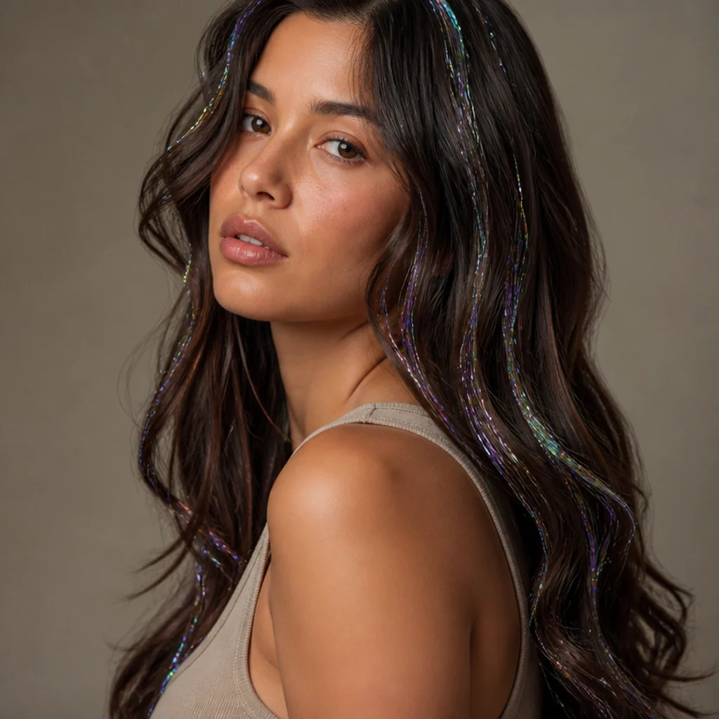 Three-quarter view of deep-brown hair with holographic tinsel reflecting rainbow highlights
