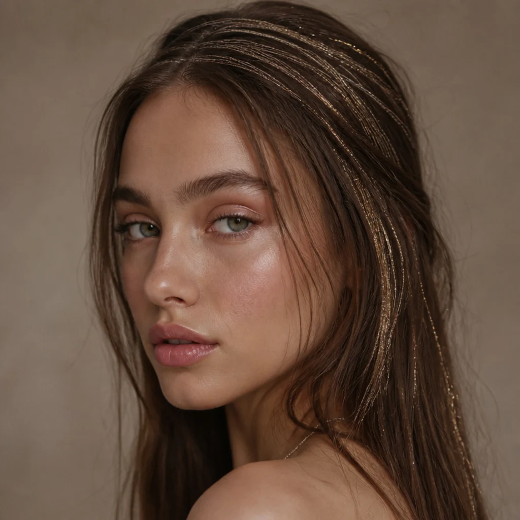 Three-quarter view of ash-brown hair with delicate champagne tinsel adding a soft glow