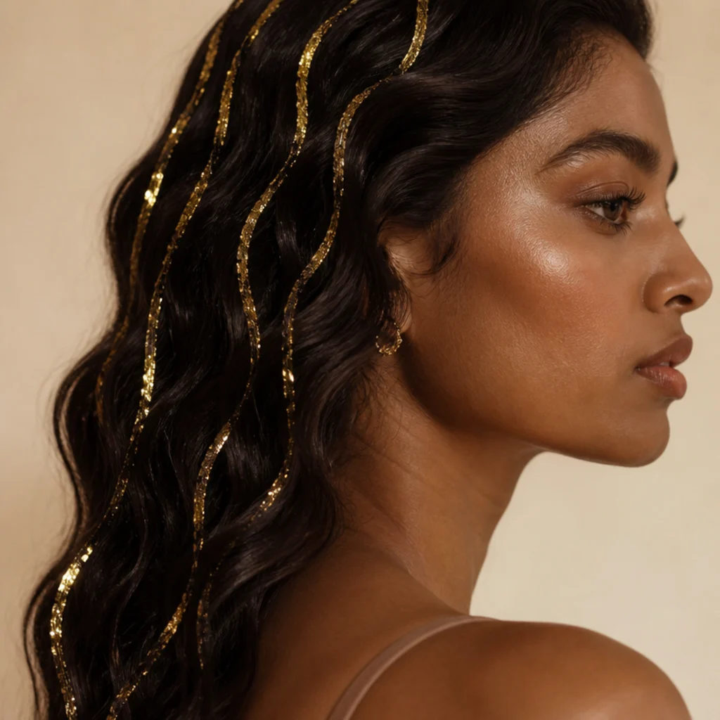 Side view of chocolate-brown waves with rich gold tinsel catching warm light