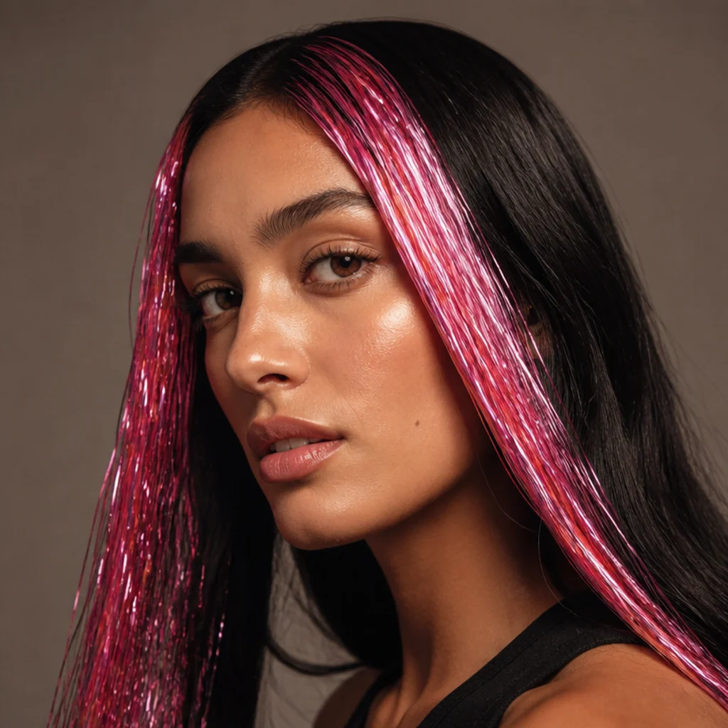 Three-quarter view of straight black hair with bright bubblegum pink tinsel strands framing the face