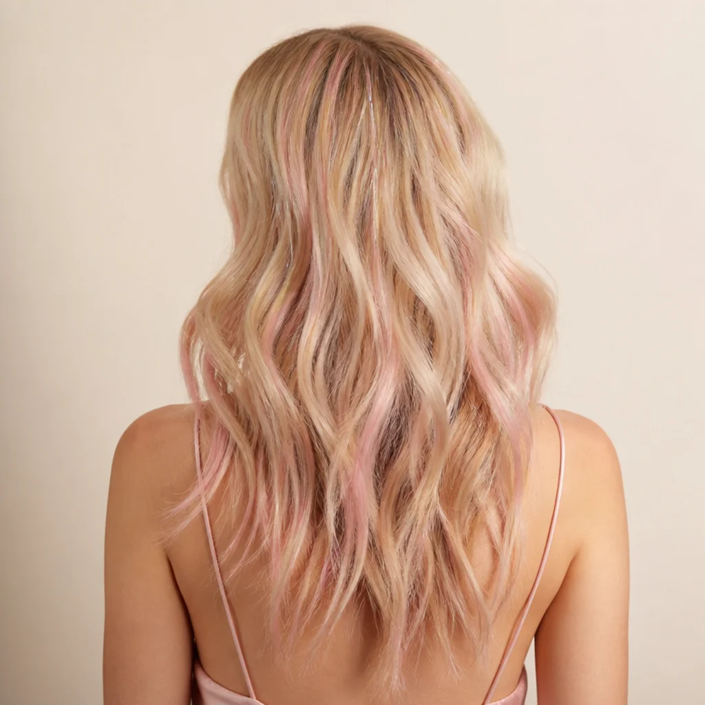 Back view of blonde hair with soft pastel pink tinsel blending into the lengths