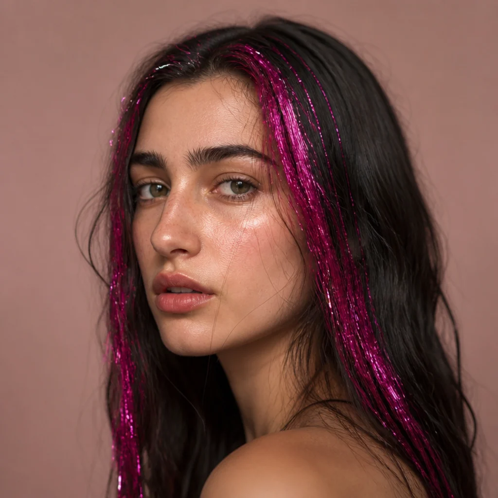 Three-quarter view of dark-brown hair with vivid hot pink tinsel woven through the front sections