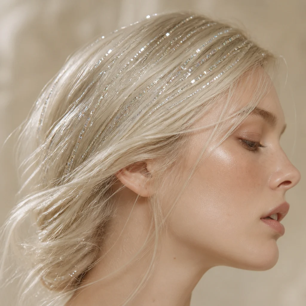 Side view of icy platinum-blonde hair with fine platinum tinsel adding glassy shine