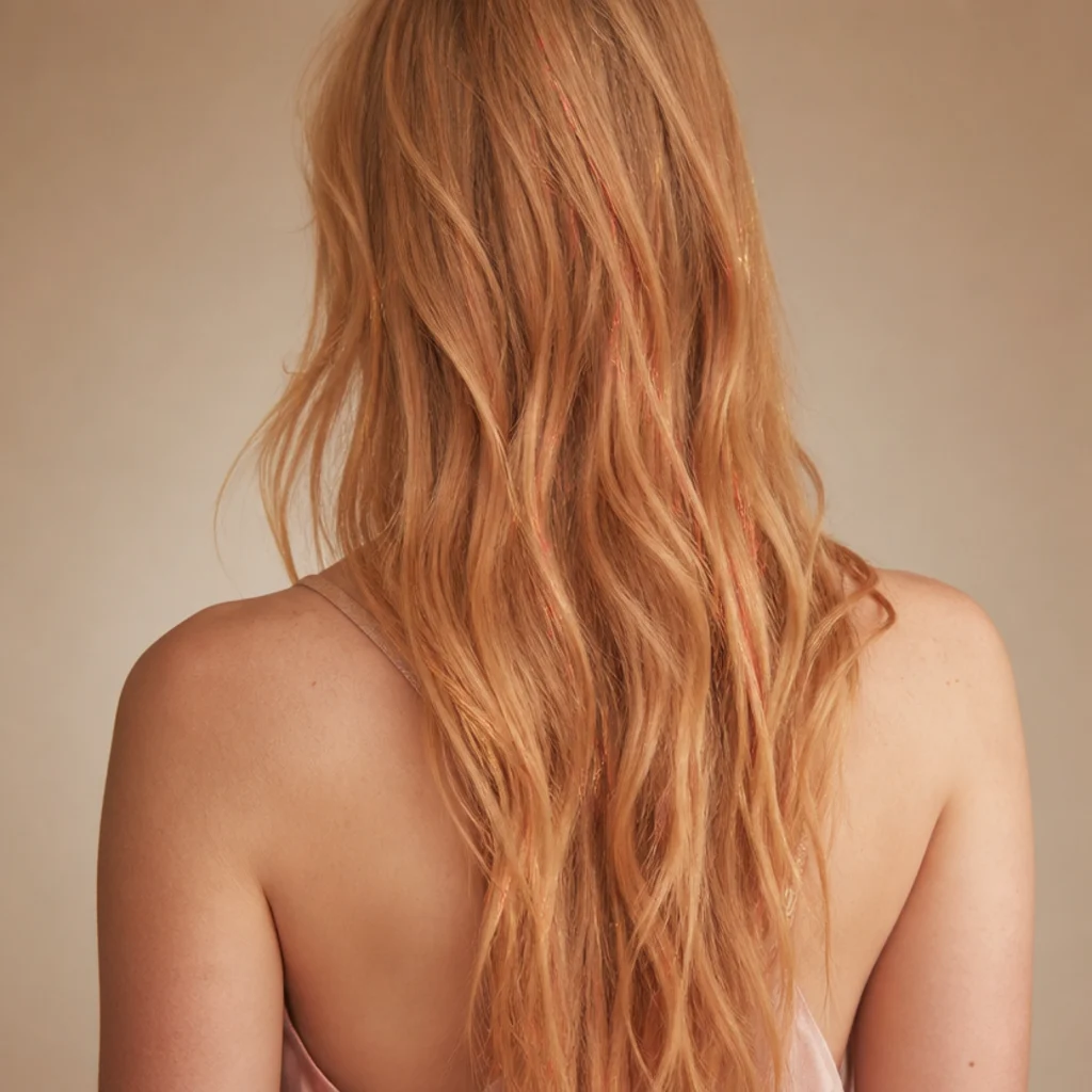 Back view of strawberry-blonde hair with warm peach tinsel woven softly through the lengths