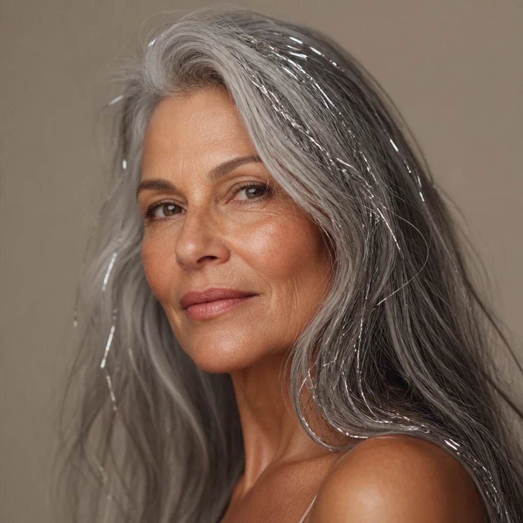 Three-quarter view of natural silver-gray hair with bright silver tinsel adding polished sparkle