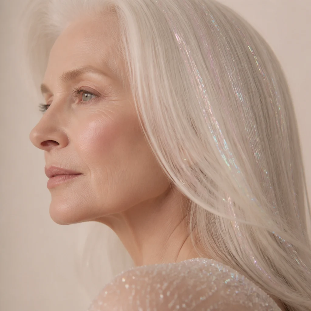 Side view of soft white hair with iridescent pearl tinsel giving a subtle opalescent sheen