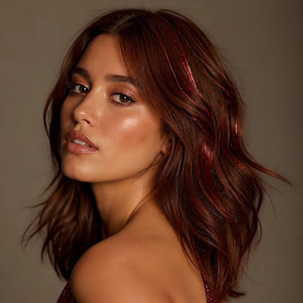 Three-quarter view of auburn hair with deep ruby-red tinsel intensifying the warm red tones