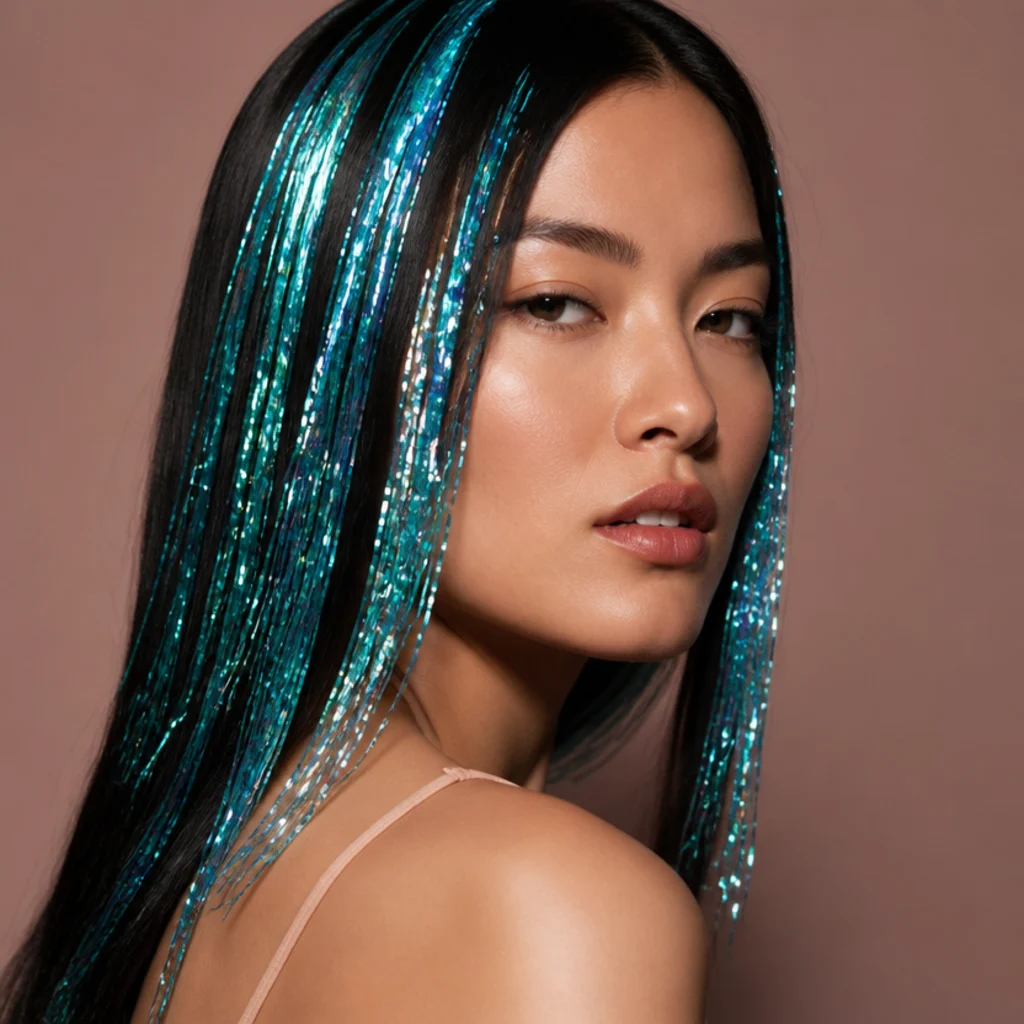 Three-quarter view of sleek black hair with vivid turquoise tinsel strands framing the face