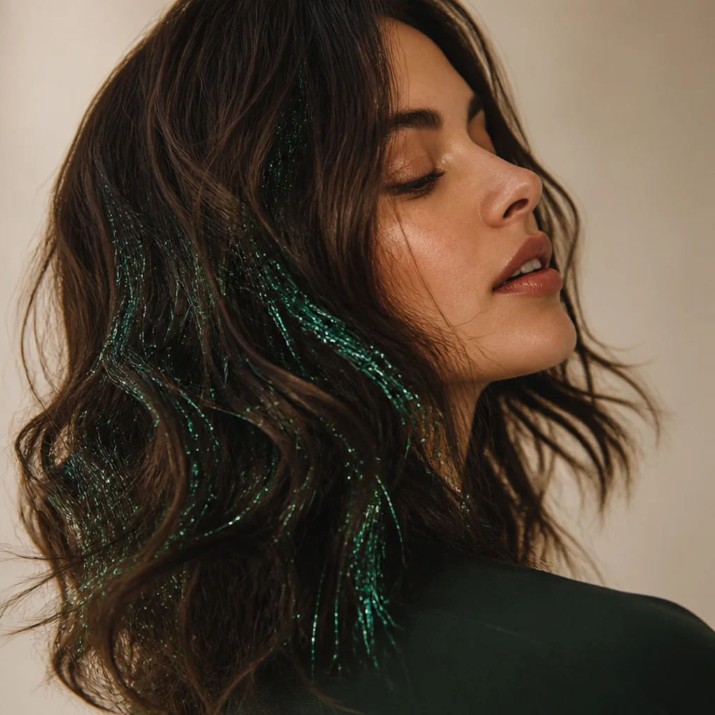 Side view of dark-brown waves with deep emerald-green tinsel woven through the lengths
